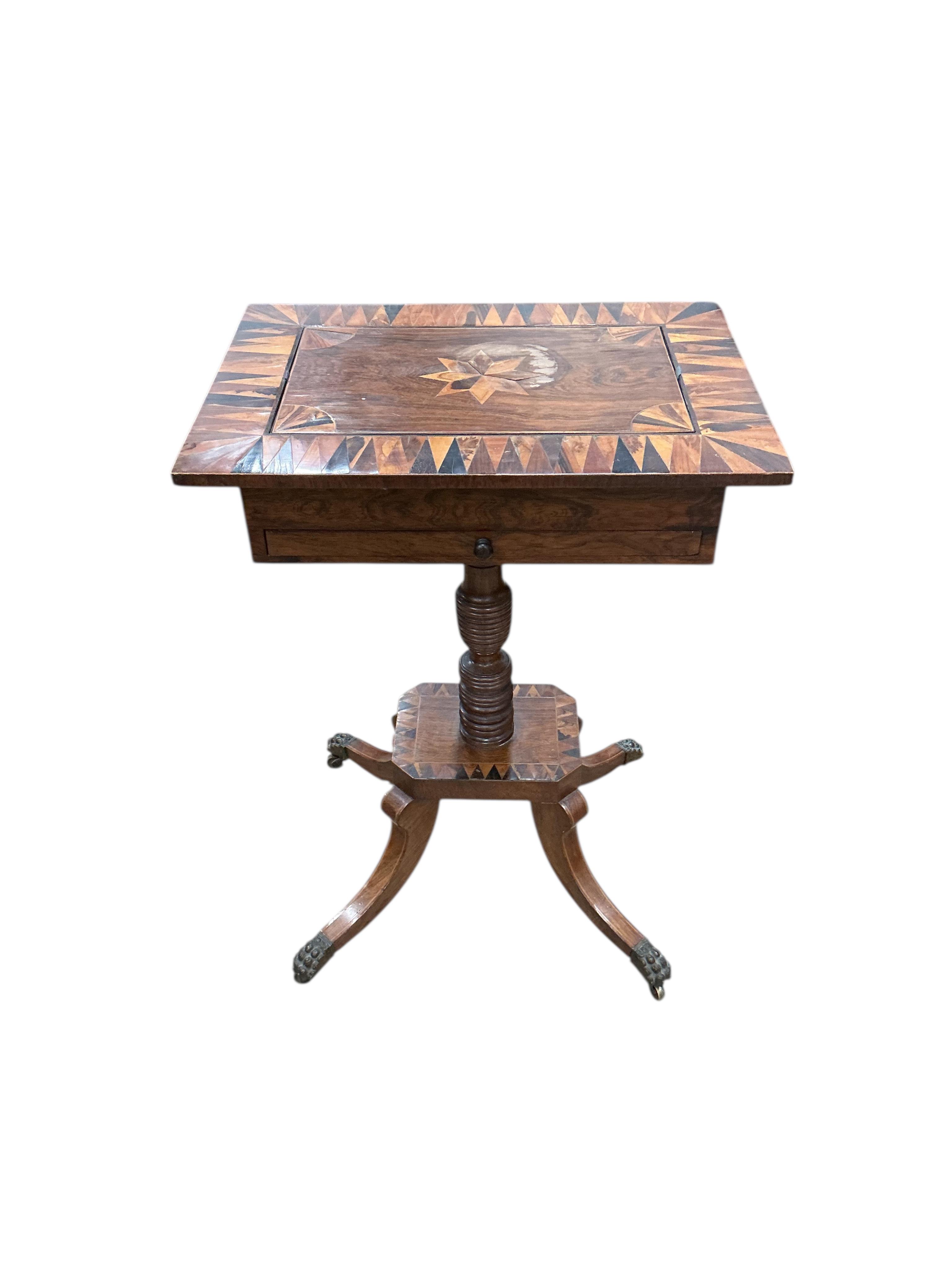 A Regency parquetry inlaid rosewood work table, width 49cm, depth 36cm, height 69cm